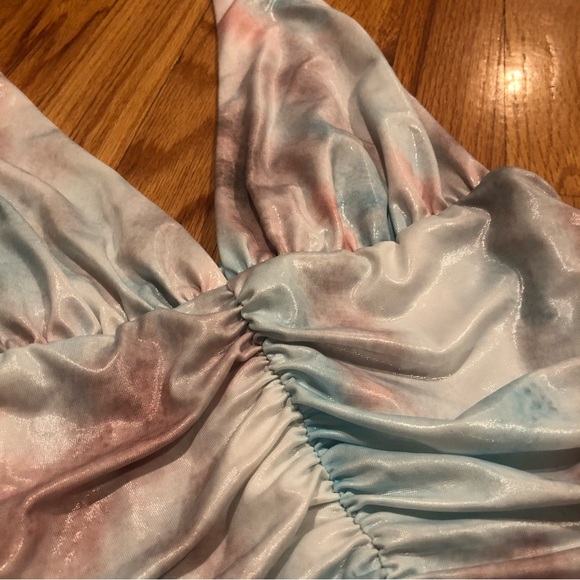 2 For $30 NWT Pastel Tie Dye Wet Look Ruched Iridescent Plunging Bodysuit - Picture 4 of 14